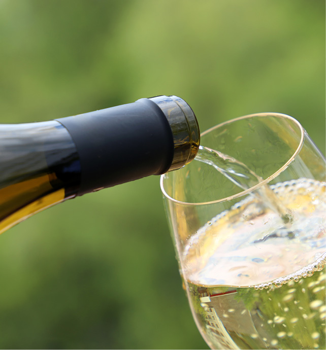 A glass of white Riesling wine being poured in a green landscape